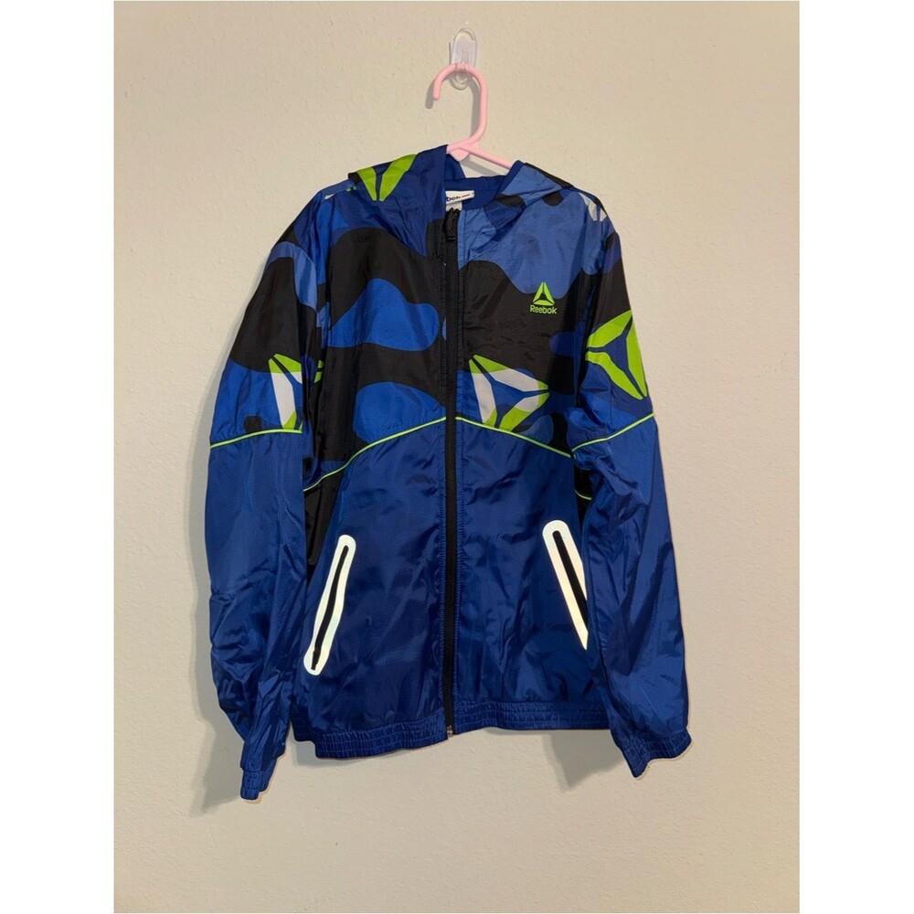 Reebok Blue, Black & Neon Green Patterned Windbreaker Jacket